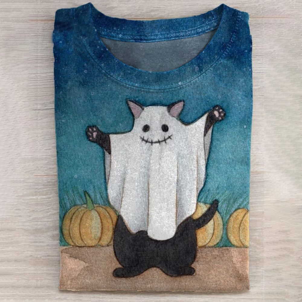 Unisex Vintage Halloween Ghost Cat Art Print T-shirt