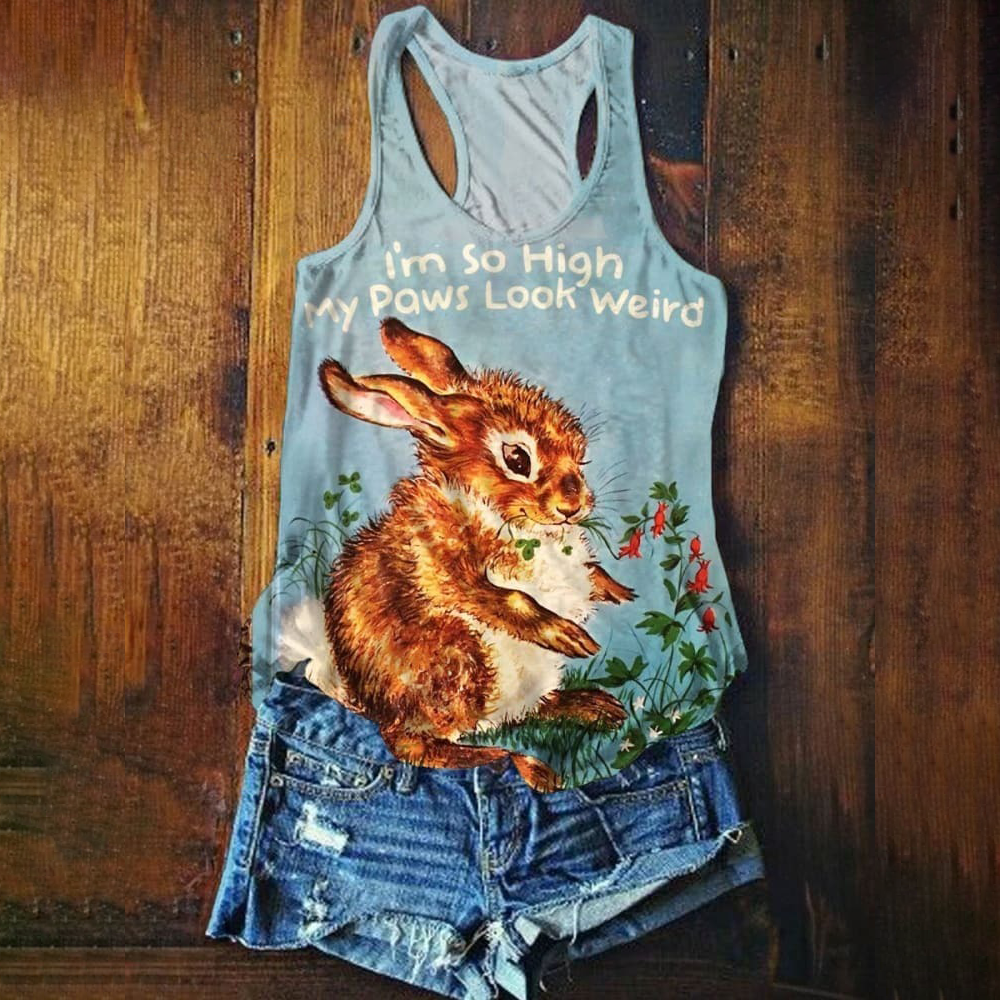 Retro Funny Art Print 'I‘m so high my paws look weird ’ Casaul Tank Top