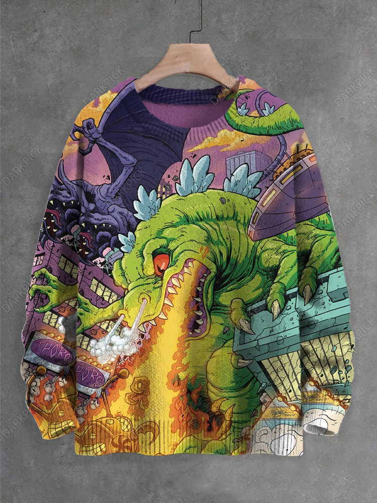 Men's Psychedelic Dinosaur Breathing Fire Art Print Knit Sweatshirt