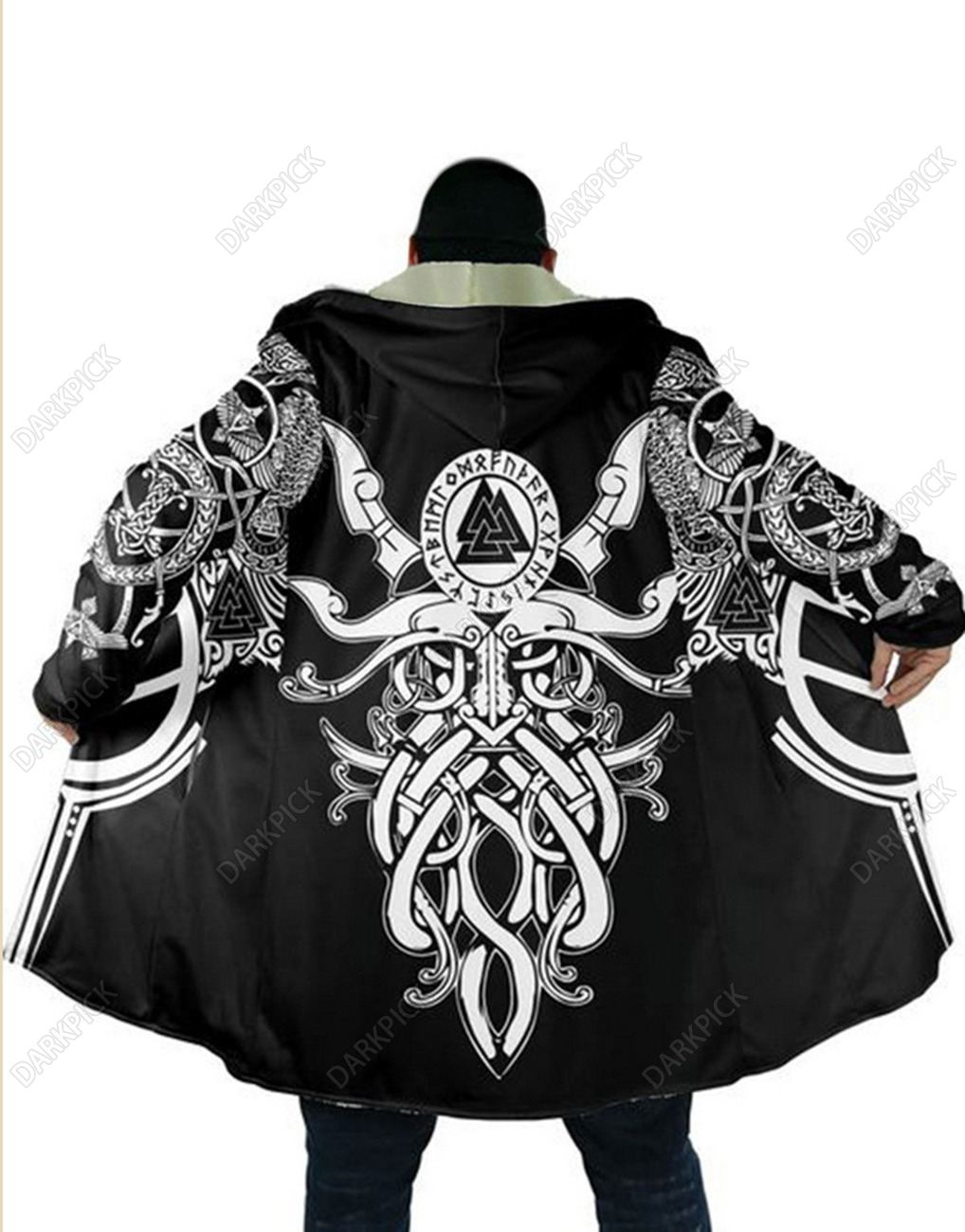 Viking Print Hooded Zip-Up Long Sleeve Jacket Cape