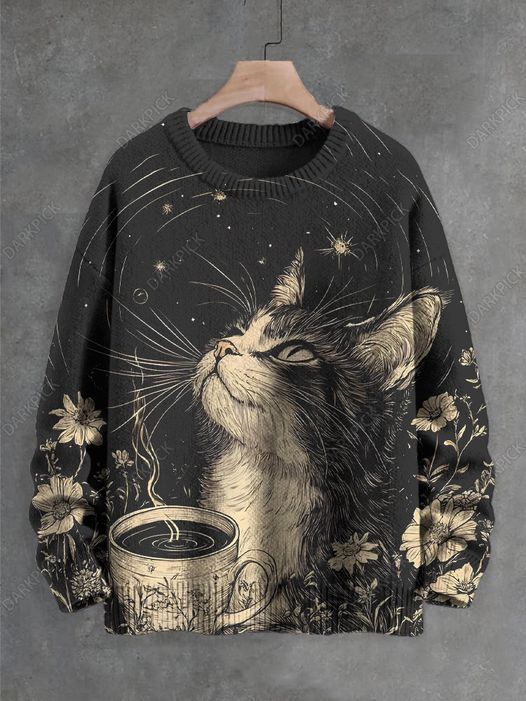 Women's Cat Drinks Coffee Under The Stars Print Knit Sweatshirt