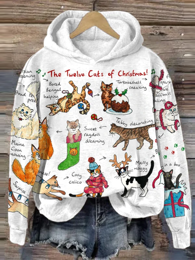 Women's The Twelve Cats Of Christmas Pattern Printed Hoodie