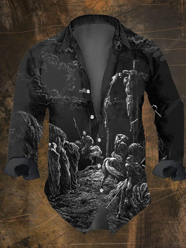 Men's Vintage Dark Skull Print Long Sleeve Shirt