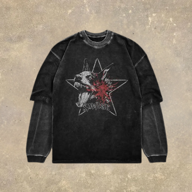 Men's Fake Two Dark Style Print Long Sleeve T-Shirt