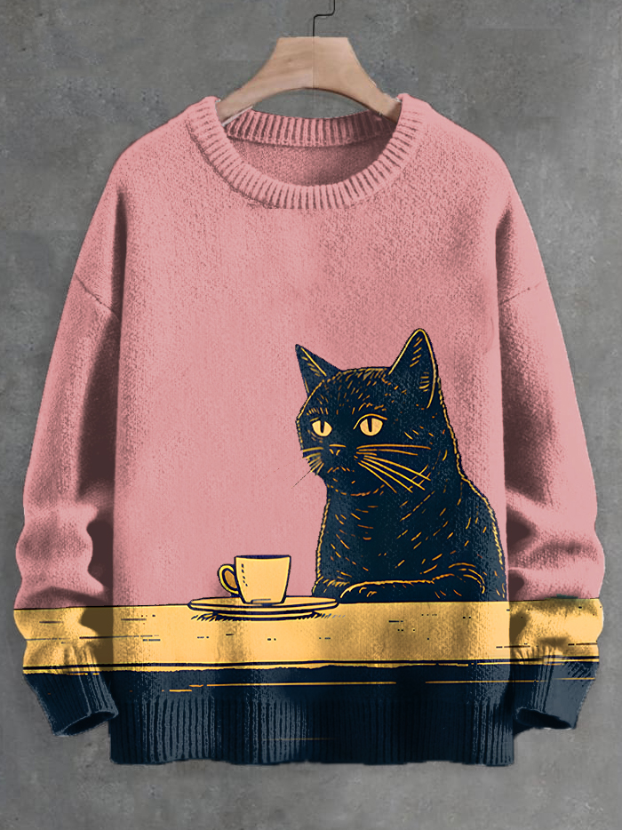 Men's Black Cat Chilling Coffee Art Knit Sweatshirt