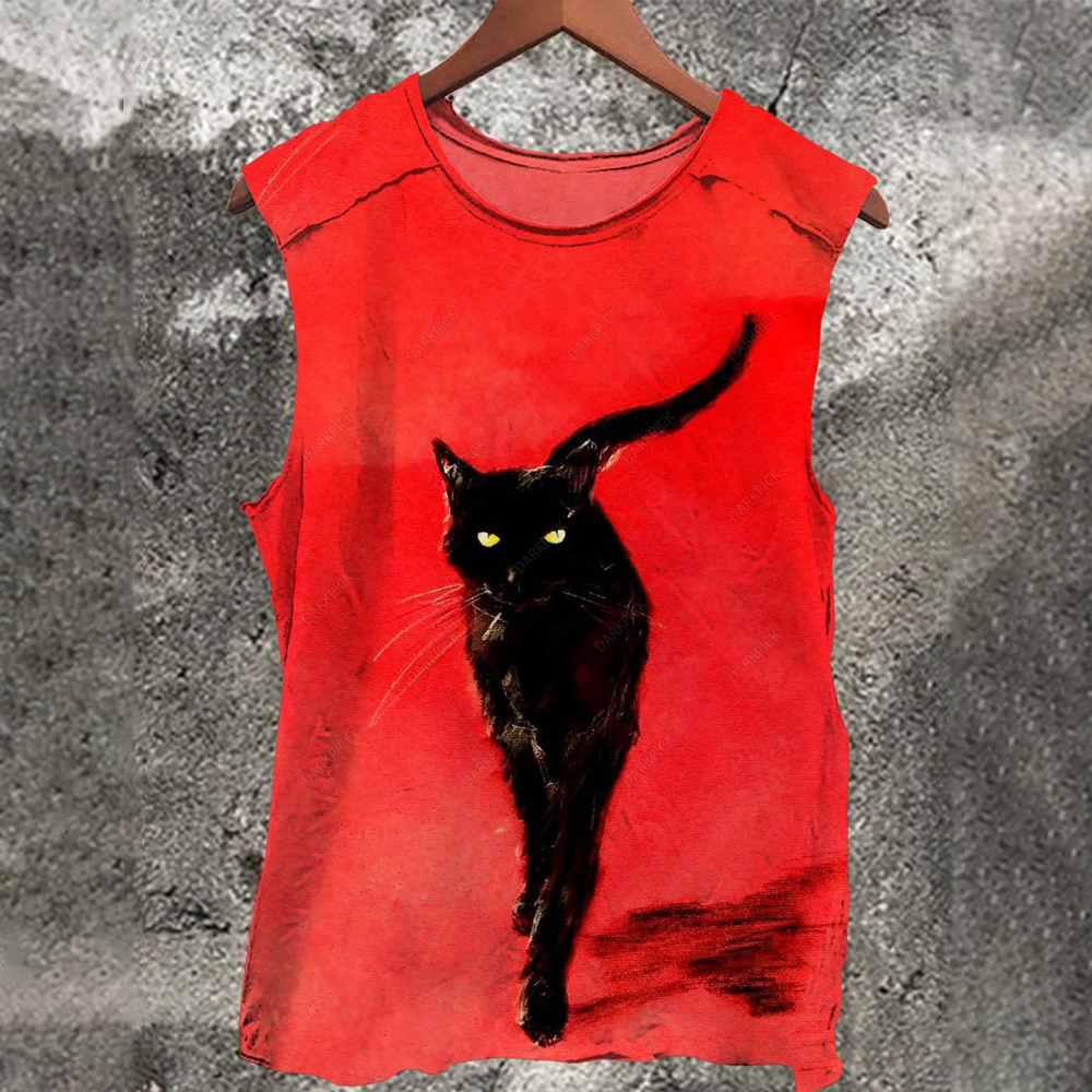 Black Cat Vintage Print  Casual Tank Top