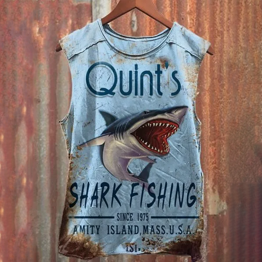 Unisex Vintage Quint's Shark Fishing Print Casual Cotton Tank Top