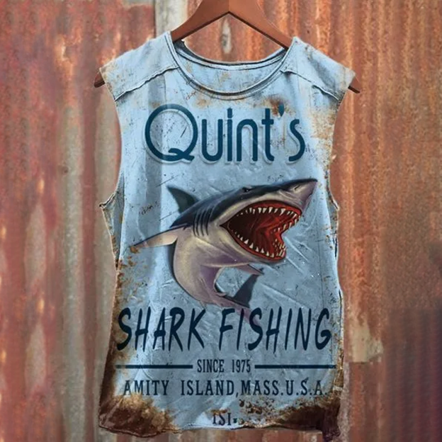 Unisex Vintage Quint's Shark Fishing Print Casual Cotton Tank Top