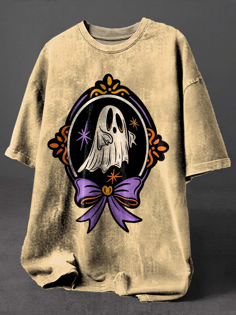 Ghost Halloween Art Print Retro Distressed Washed Cotton T-shirt