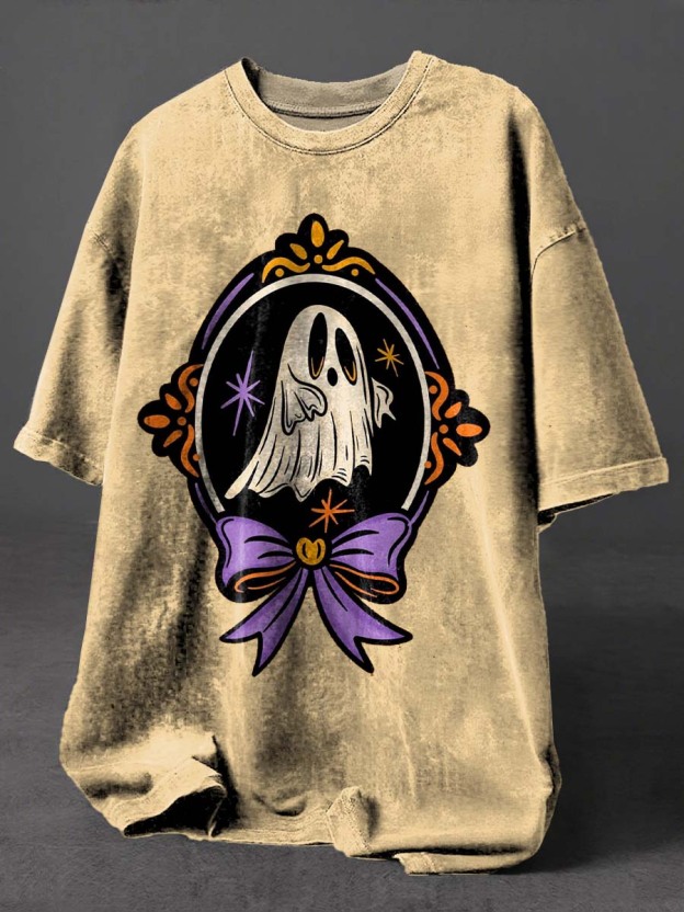 Ghost Halloween Art Print Retro Distressed Washed Cotton T-shirt