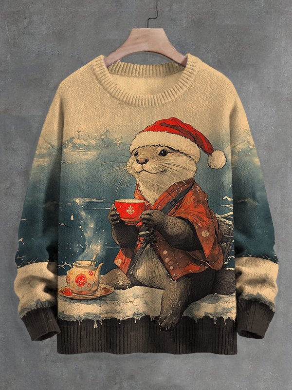Men's Christmas Otter Drinking Hot Drink By The River Art Print Knit Sweatshirt