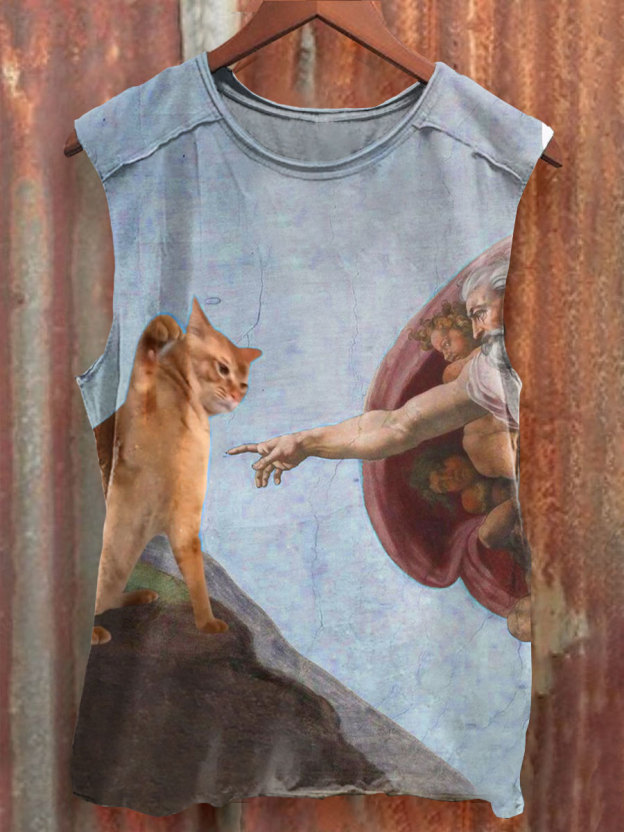 Vintage Funny Cat Art Print  Casual Tank Top