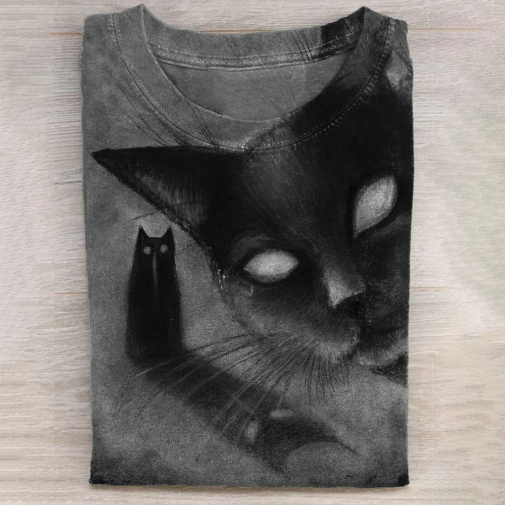 Unisex Vintage Halloween Black Cat Art Print T-shirt