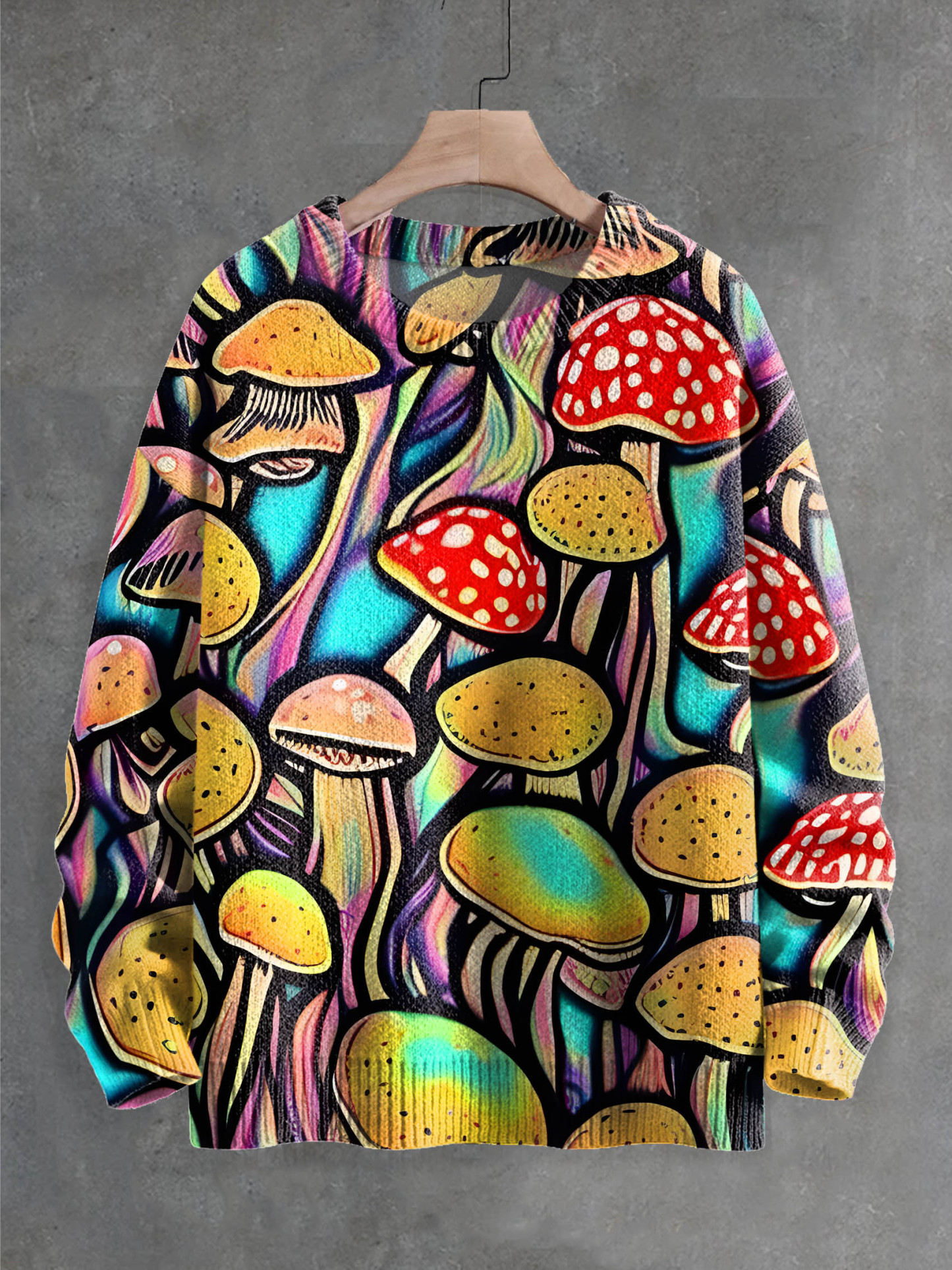 Retro Dark Mushroom Fantasy Multicolor Art Print Knit Pullover Sweater