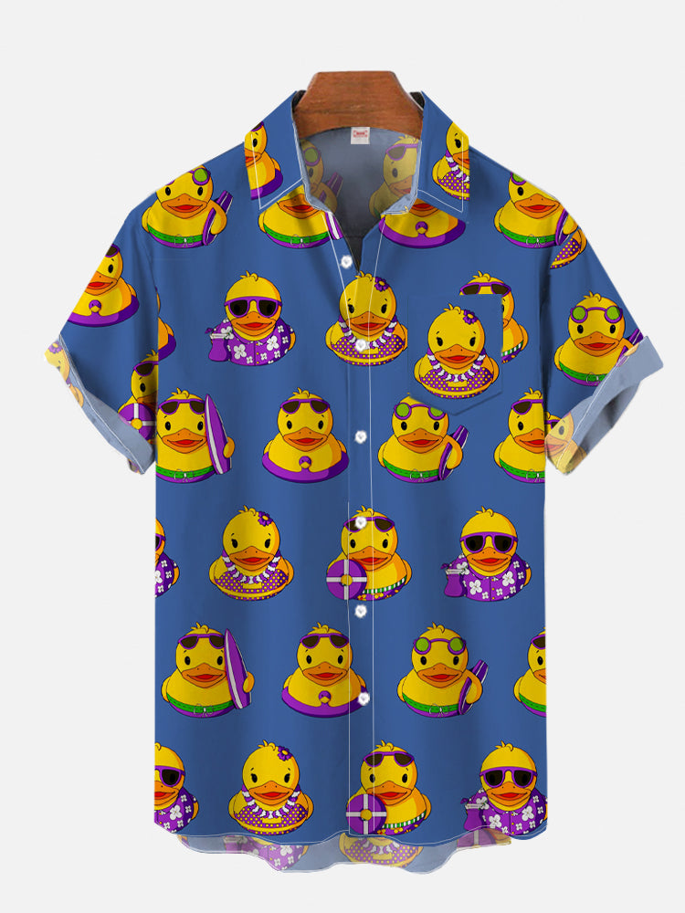  Navy Cartoon Rubber Ducks Vacation Pattern Printing Breast Pocket Short Sleeve Shirt