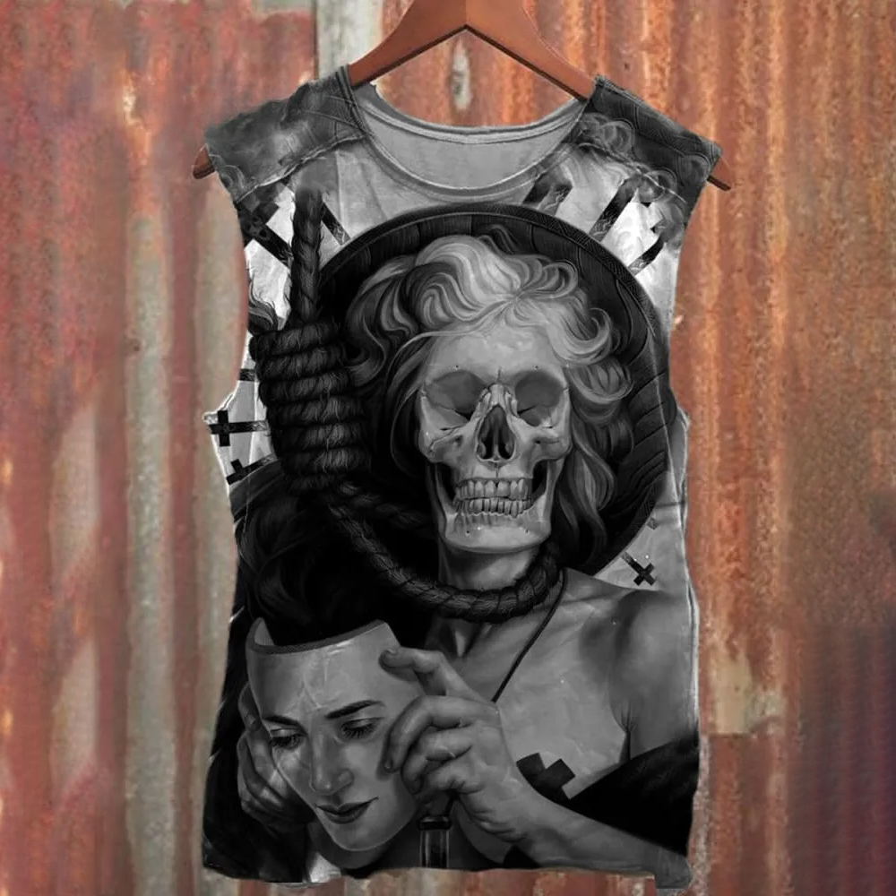 Unisex Skull Face Changing Art Illustration Printed Casual Cotton Tank Top