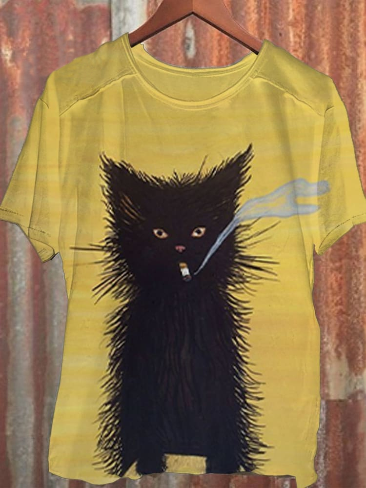 Unisex Smoking Black Cat Art Print Casual Tank Top