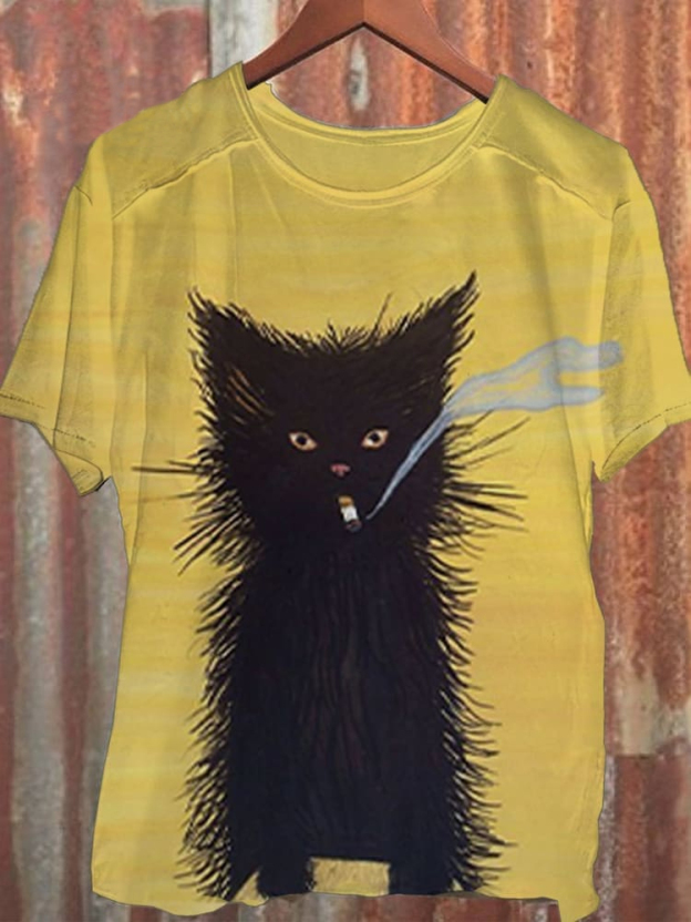 Unisex Smoking Black Cat Art Print Casual Tank Top