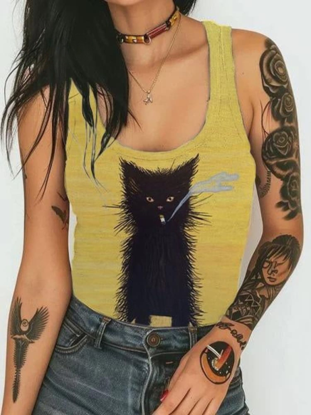 Unisex Smoking Black Cat Art Print Casual Tank Top