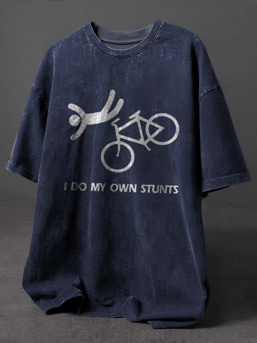 I Do My Own Stunts Print Retro Distressed Washed Cotton T-shirt
