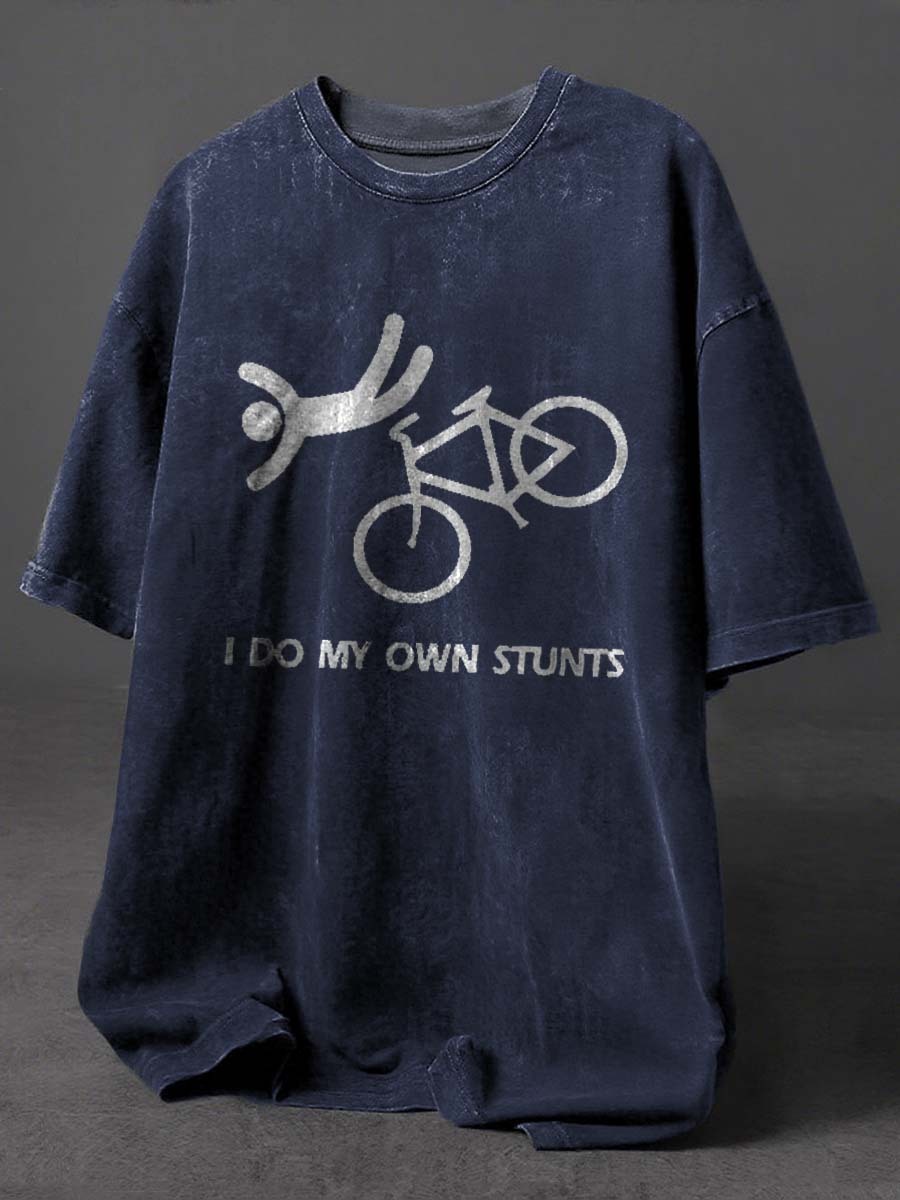 I Do My Own Stunts Print Retro Distressed Washed Cotton T-shirt