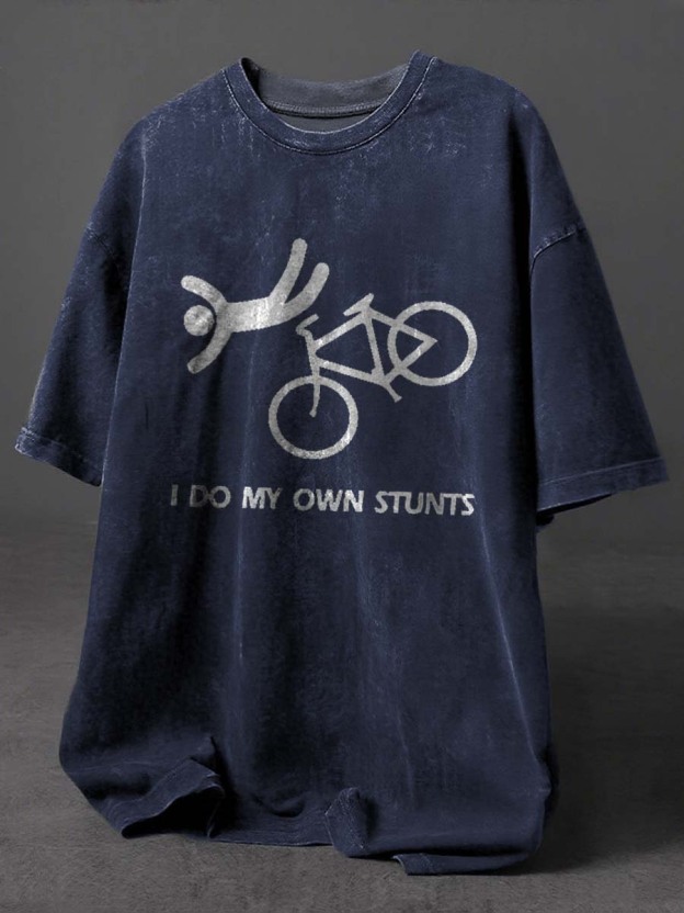 I Do My Own Stunts Print Retro Distressed Washed Cotton T-shirt