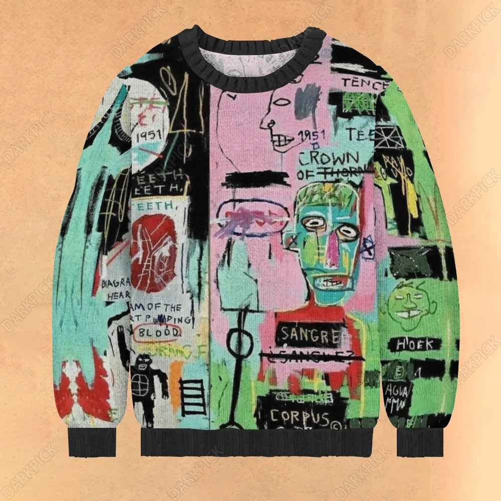 Retro Street Art Print Casual Knit Crew Neck Sweater