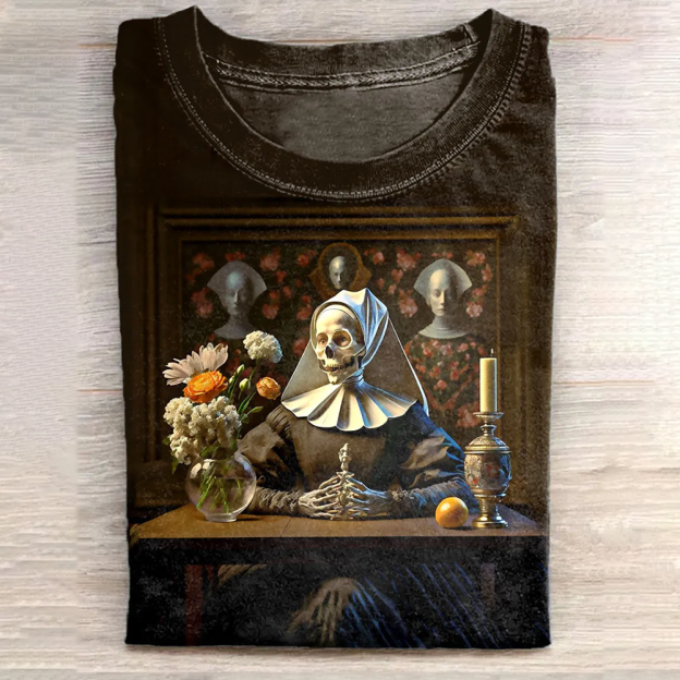Unisex Skeleton Old Man Art Illustration Printed Casual Cotton Round Neck T-shirt