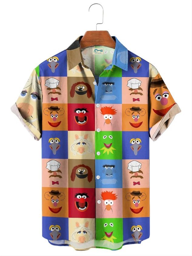 Royaura® Retro Cartoon Fun Print Men's Button Pocket Short Sleeve Shir