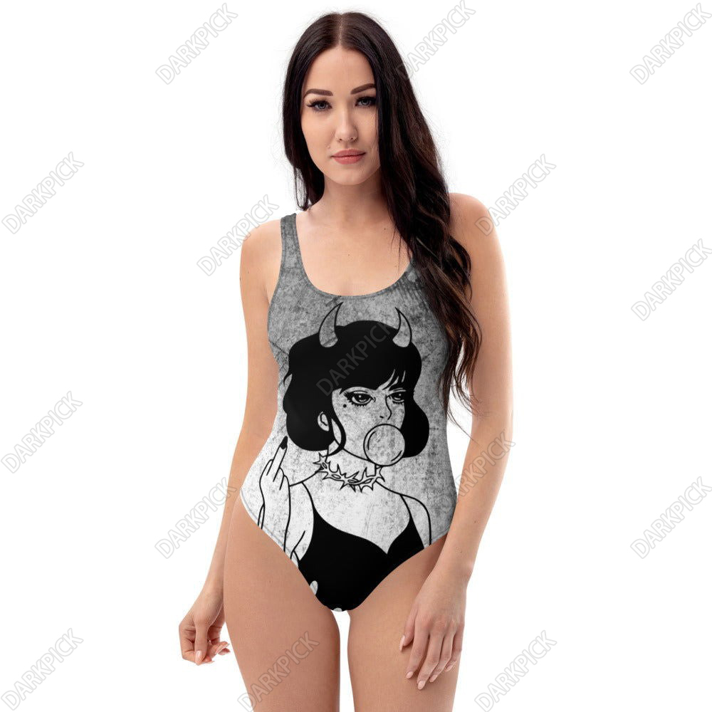 Goth One-Piece Swimsuit For Naughty Goth Girl / Girl With Middle Finger, Horn And Bubble Gum