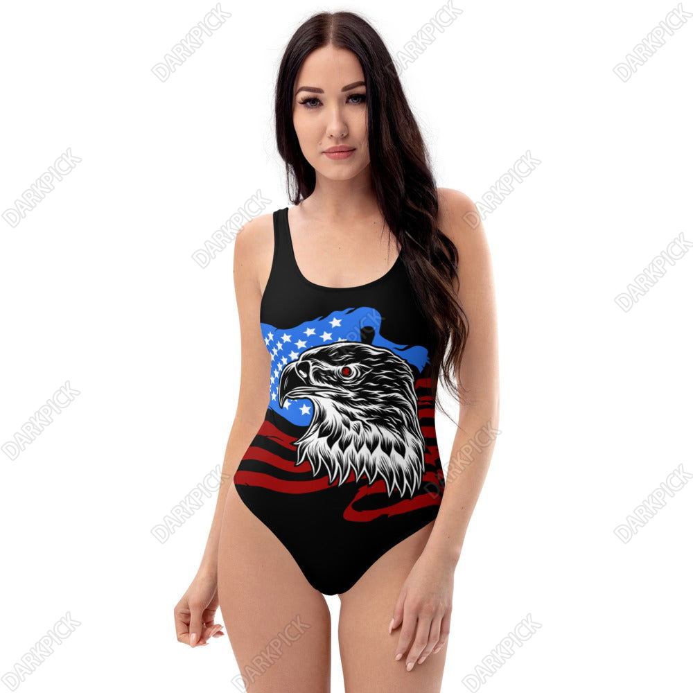 Bathing Suit America Eagle Flag / Also Plus Size Swimwear / Black Swimsuit