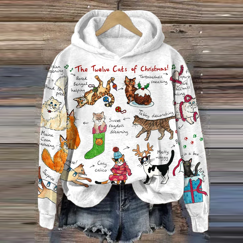 Women's The Twelve Cats Of Christmas Pattern Printed Hoodie