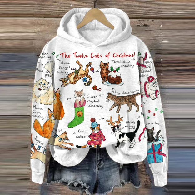 Women's The Twelve Cats Of Christmas Pattern Printed Hoodie