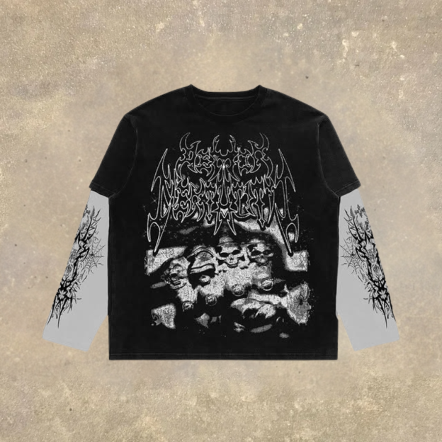 Men's Fake Two Dark Style Print Long Sleeve T-Shirt