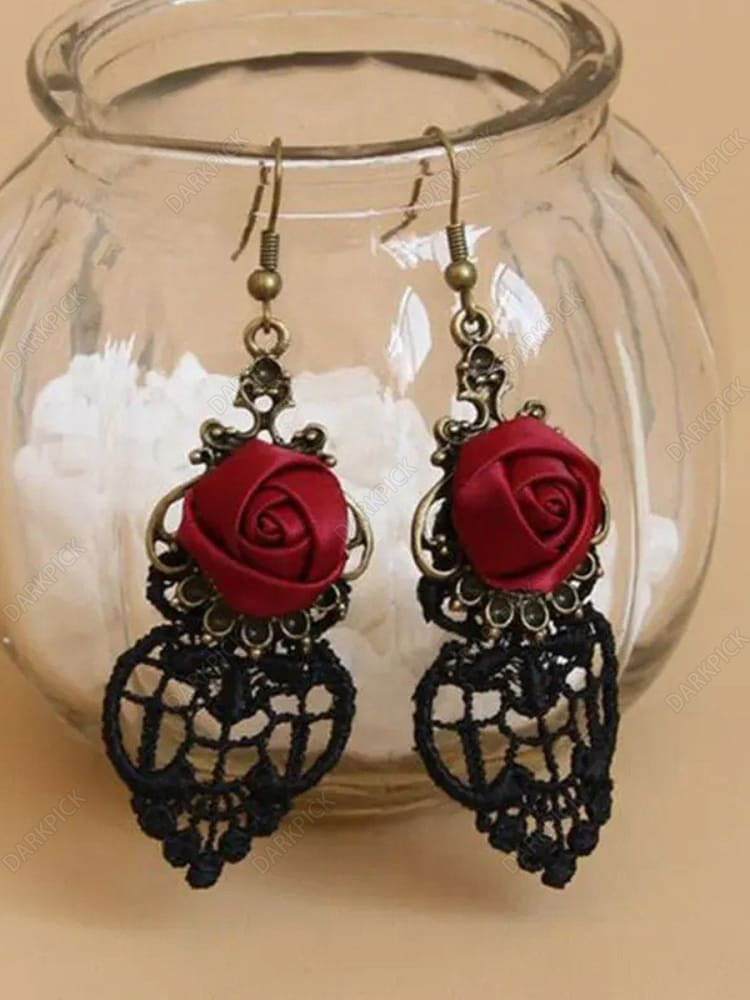 Gothic Drop Earrings Rose Hollow Out Lace Vintage Earrings