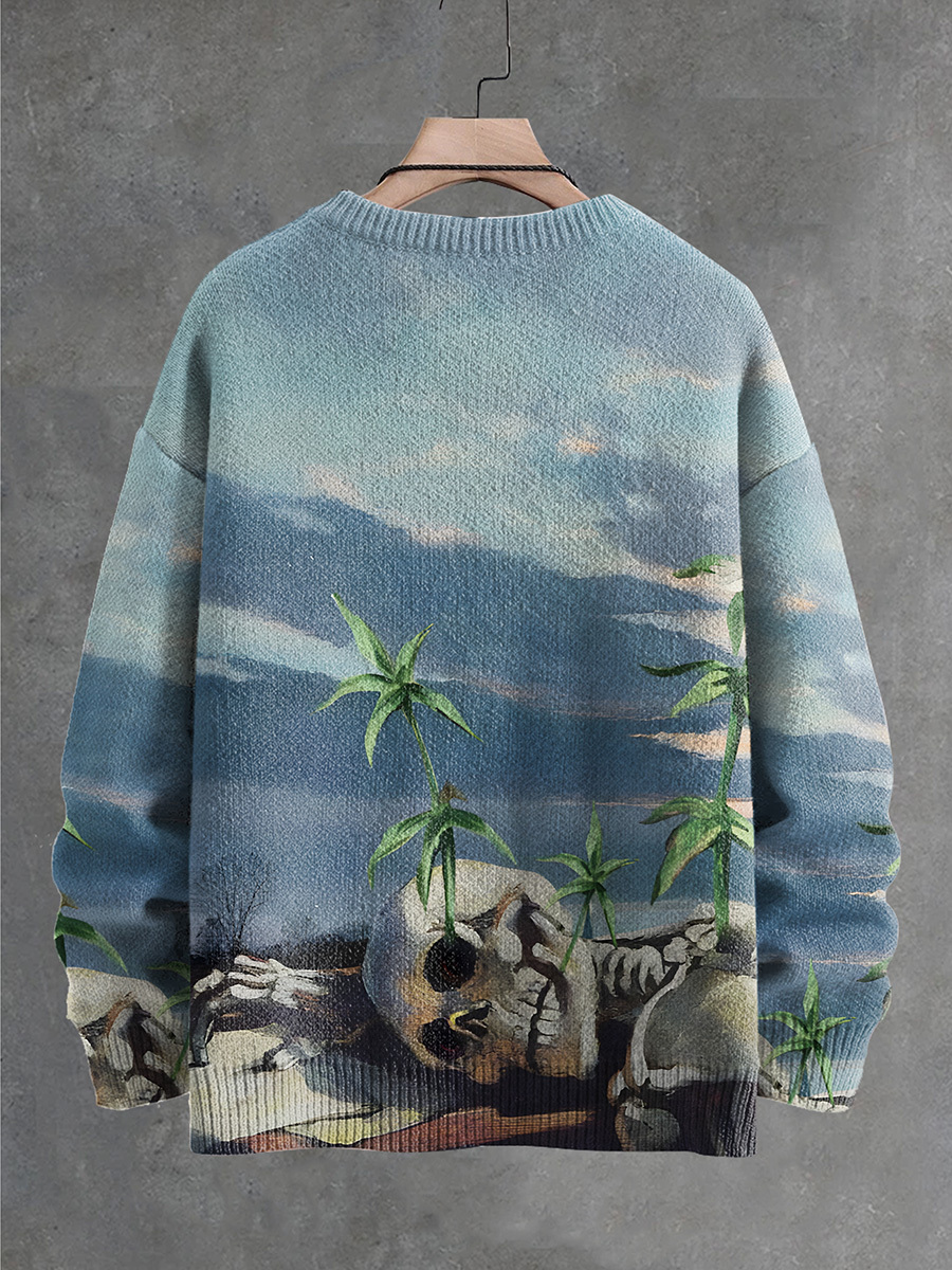 Fun Skull Art Halloween Print Knit Pullover Sweater