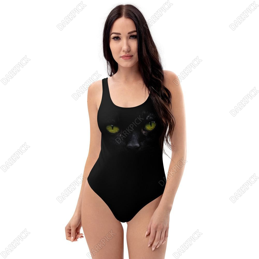 Black One Piece Swimsuit / For Cat Lovers / With Print Of A Black Cat 