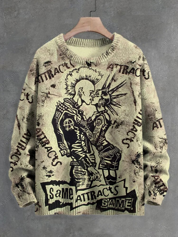 Men's Same Attracts Same Punk Rock Couple Kissing Print Knit Sweatshirt