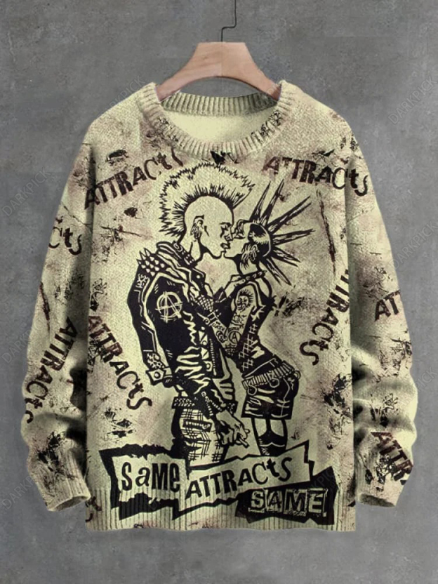 Men's Same Attracts Same Punk Rock Couple Kissing Print Knit Sweatshirt