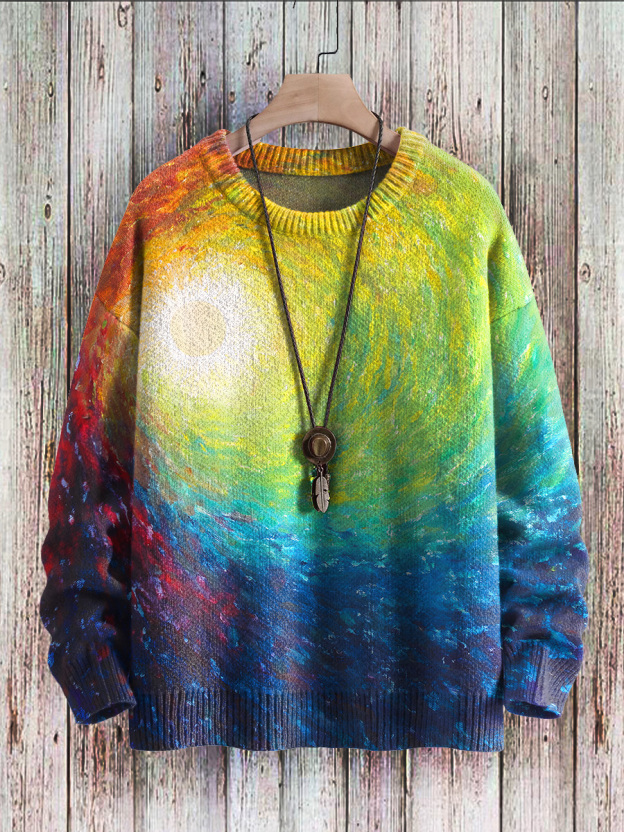 Multicolor Rainbow Gradient Art Print Knit Pullover Sweater