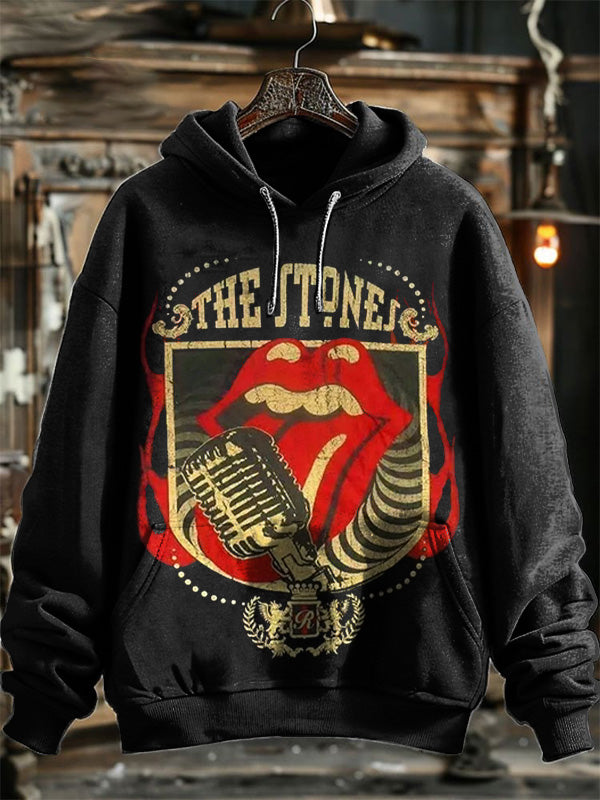 Fashionable Neutral Retro Microphone Print Pattern Hooded Sweatshirt