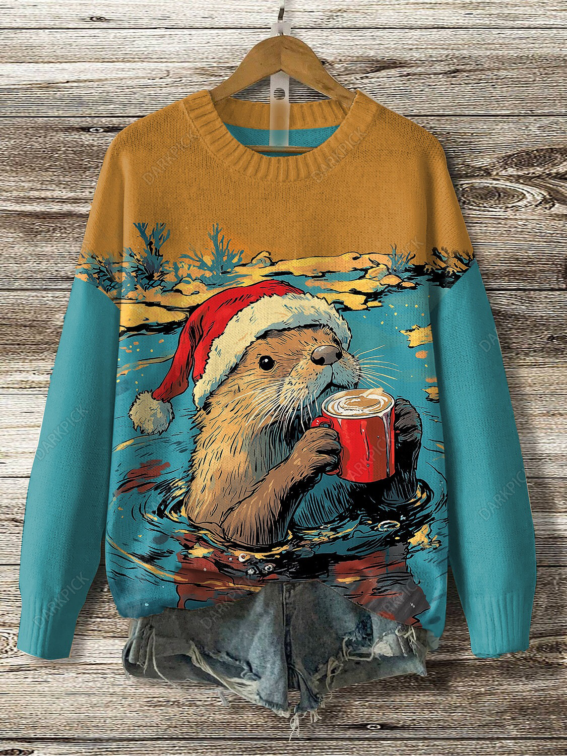 Women's Winter Christmas Otter Drinking Coffee In The Water Print Knit