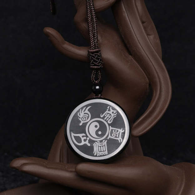 Buddha Stones Black Obsidian Taoism Five Sacred Mountains Nine-Character Mantra Carved Purification Yin Yang Necklace Pendant