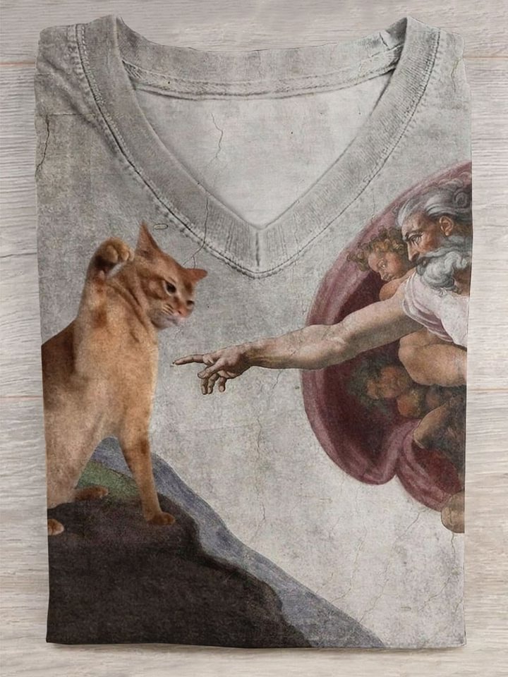 Vintage Funny Cat Art Print Casaul Short Sleeve T-shirt