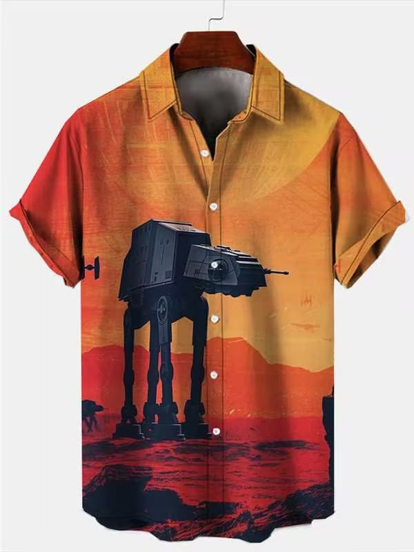 Men's Retro Planet Print Cuban Collar Short Sleeve Shirt