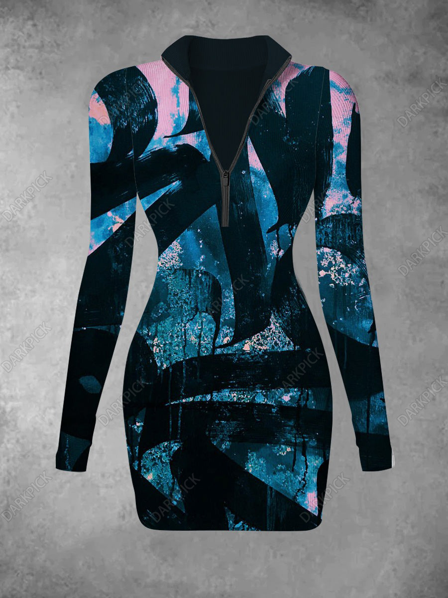 Women's Art Graffiti Printed Casual Fashion Long Sleeve Knitted Dress