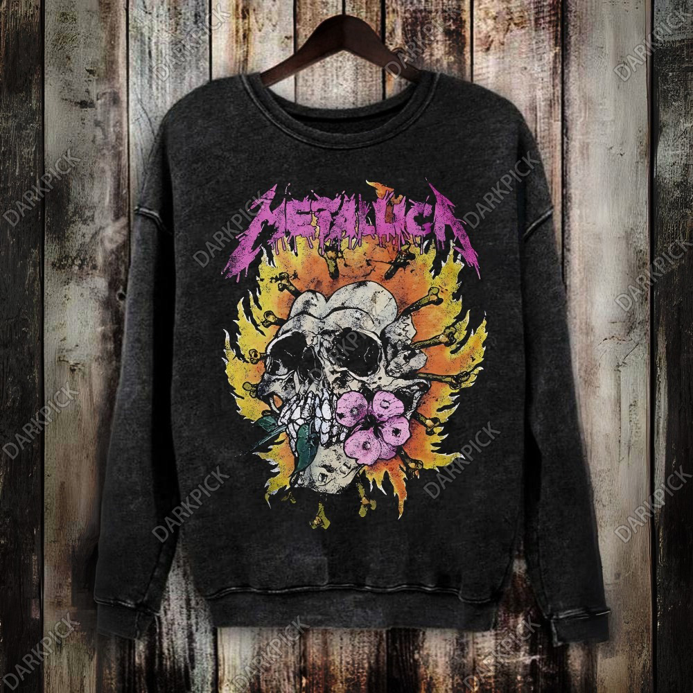 Unisex Washed Metallica - Flower Skull Sweatshirt