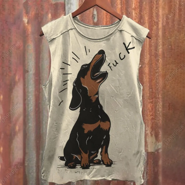 Unisex Brown Dachshund Yelling Fuck Print Casual Tank Top
