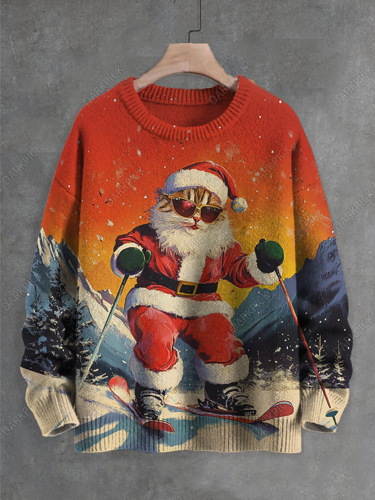 Men's Santa Cat Skiing Sunset Scenery Art Print Knit Sweatshirt