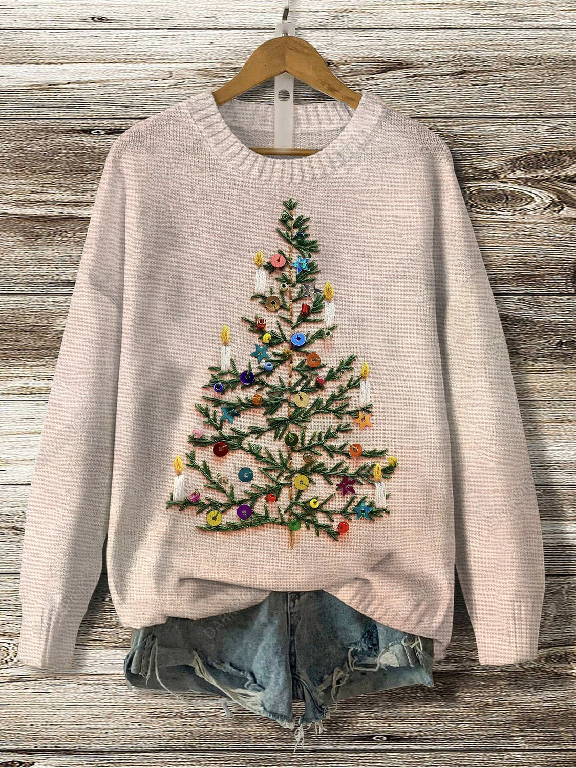 Women's Christmas Tree Embroidery Print Knit Sweatshirt